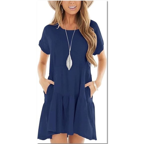 NWT Blue Berryou Short Sleeve Pocket Ruffle Swing Casual Shift Dress Size Small - Picture 1 of 16